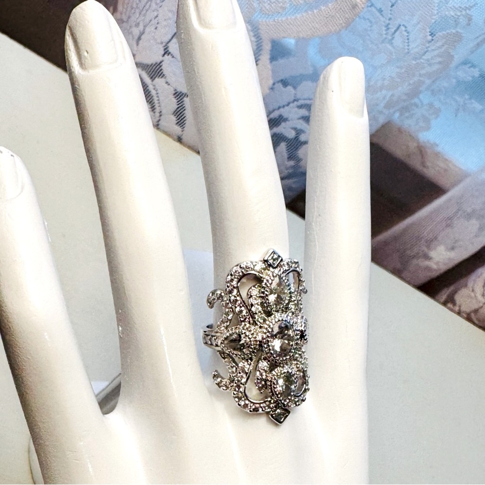 3.8 Carat DEW CZ Cocktail Statement Ring 925 Sterling Silver Rhodium Plated - Picture 1 of 8